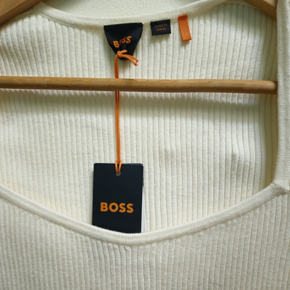 BOSS Hugo Boss Women's Size M Ribbed Knit Sweater Top Square Neck Cream NWT - Picture 8 of 10